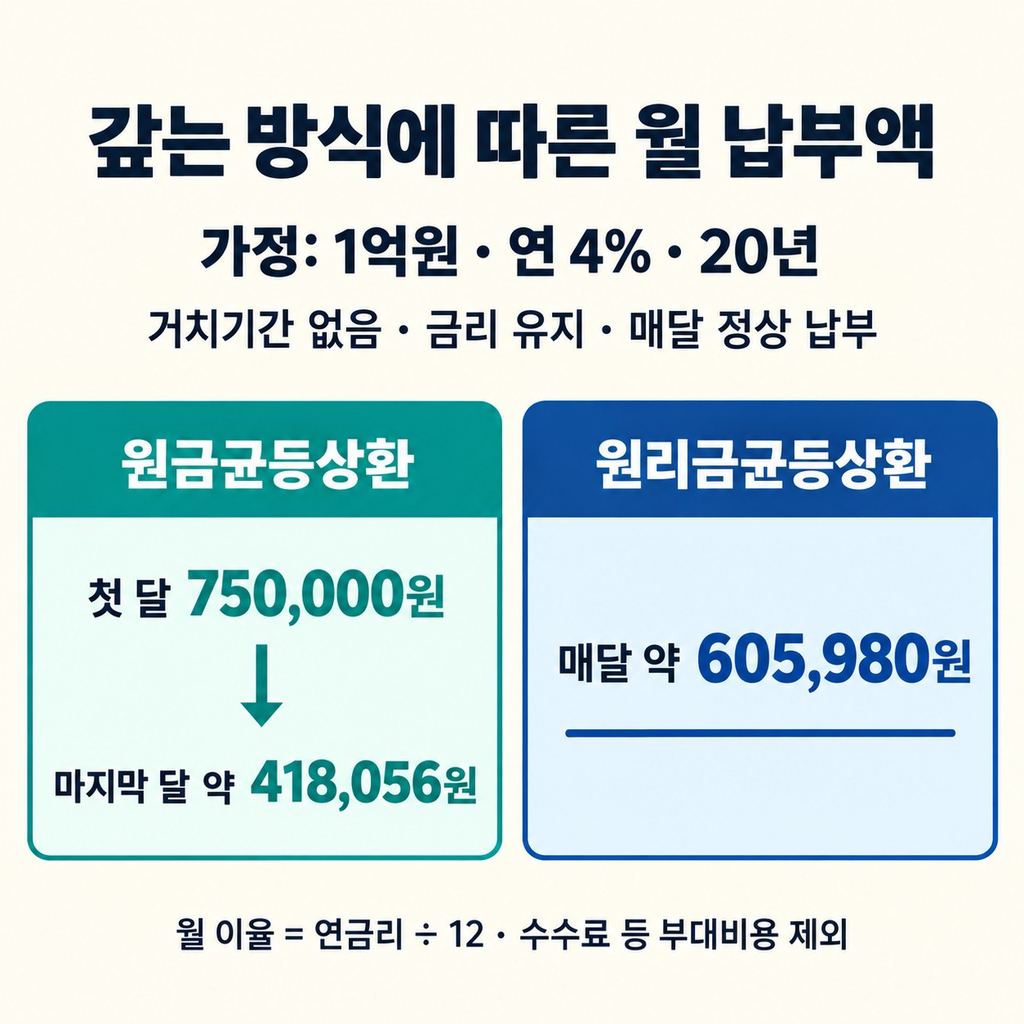 같은 연 4%라도 갚는 방식에 따라 월 납부액이 달라진다