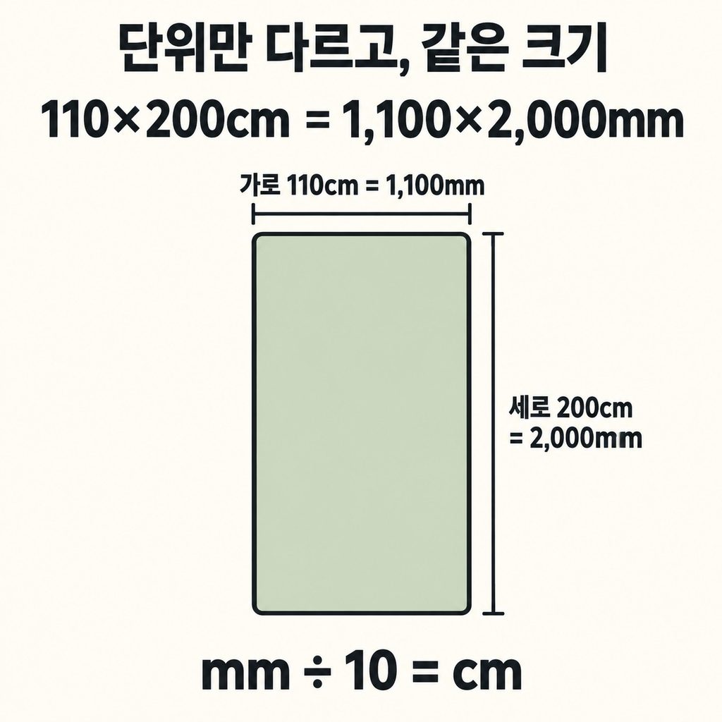 기본은 110×200cm, 단위에 놀라지 말자
