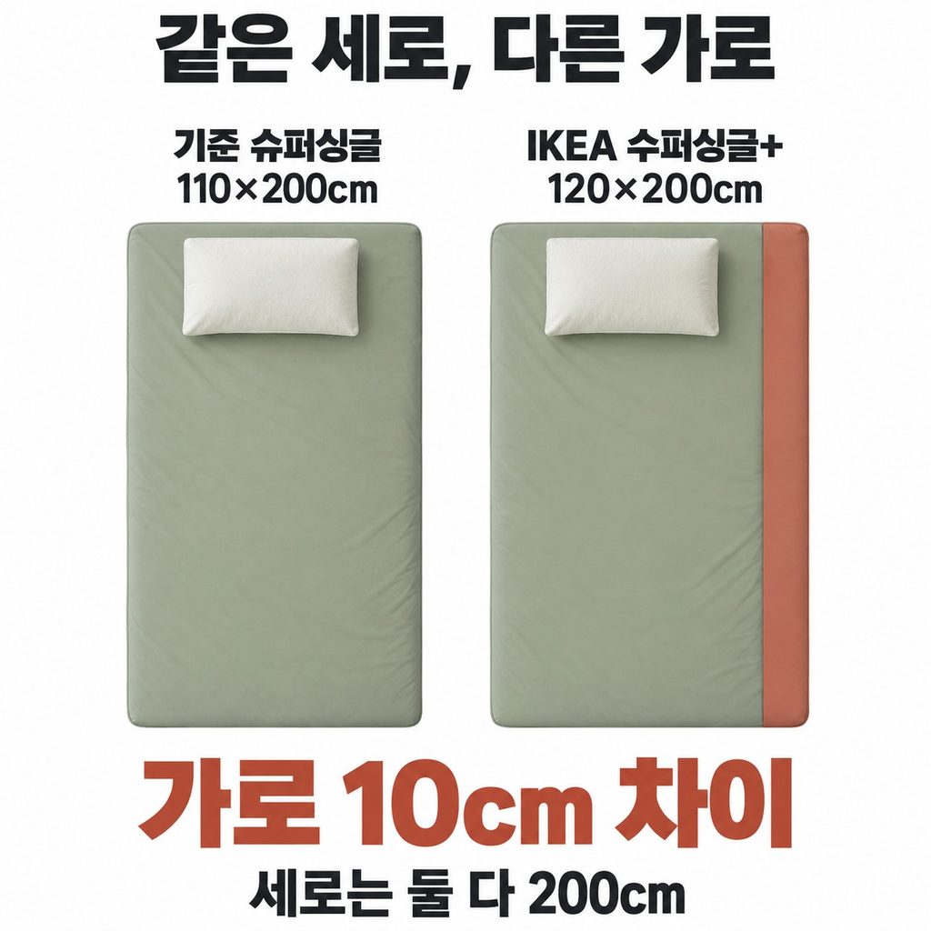 IKEA 수퍼싱글+는 가로가 10cm 더 넓다