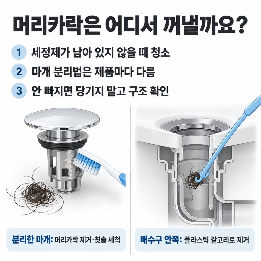 마개와 배수구의 머리카락을 걷어낸다