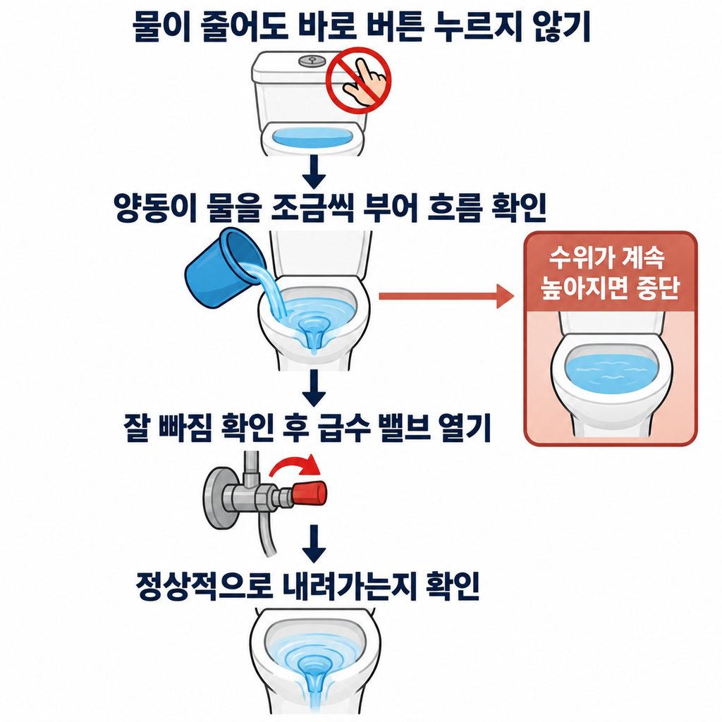 물이 줄어도 바로 내리지 말고 흐름을 확인한다